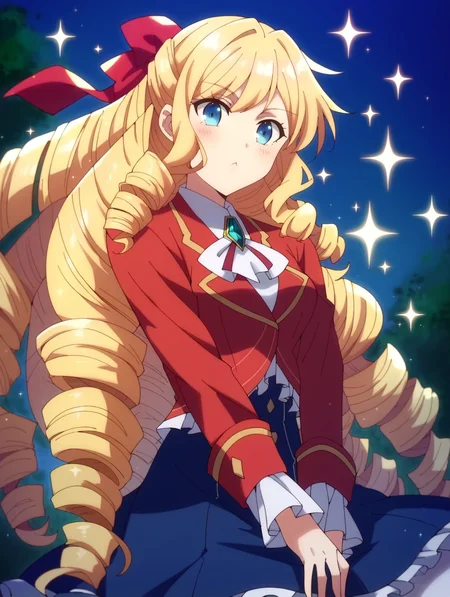 score_9, score_8_up, score_7_up, score_6_up, score_5_up, score_4_up,uncensored, source_anime, BREAK,
solo, sparkle, ,
,, <lora:wataoshi_reiclaire:1>,
wataoshi_claire, blonde hair, blue eyes, drill hair, long hair, (red hair ribbon), red jacket, long sleeves, blue skirt, white shirt, frills, white pantyhose, brooch,
white lily, sparkle, tilt head,