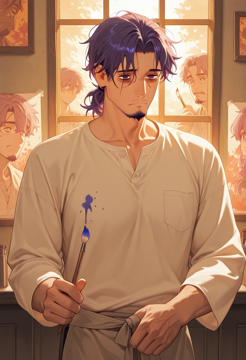 1boy, mbti_intp, mature man, purple eyes, droopy eyes, eye bags, tied hair, goatee, holding a paintbrush, standing in a sunlit atelier, surrounded by canvases, wearing a paint-splattered linen shirt, thoughtful expression, soft window light, warm color palette, artistic details, charmingly disheveled