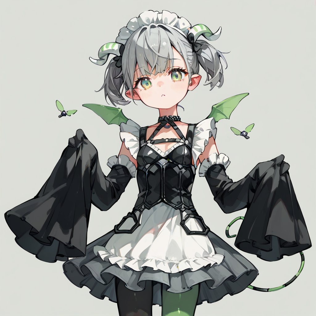 score_9, score_8_up, score_7_up, score_6_up, score_5_up, score_4_up, simple background, 
1girl, solo, arianna, grey hair, short twintails, green eyes, horns, mini wings, pantyhose, sleeves past wrists, maid headdress, 
 <lora:arianna_pony_v1:0.7>