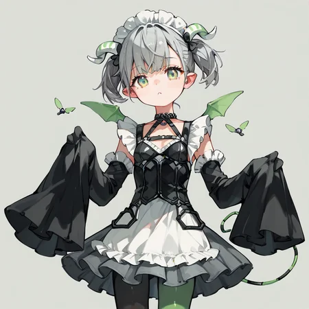 score_9, score_8_up, score_7_up, score_6_up, score_5_up, score_4_up, simple background, 
1girl, solo, arianna, grey hair, short twintails, green eyes, horns, mini wings, pantyhose, sleeves past wrists, maid headdress, 
 <lora:arianna_pony_v1:0.7>
