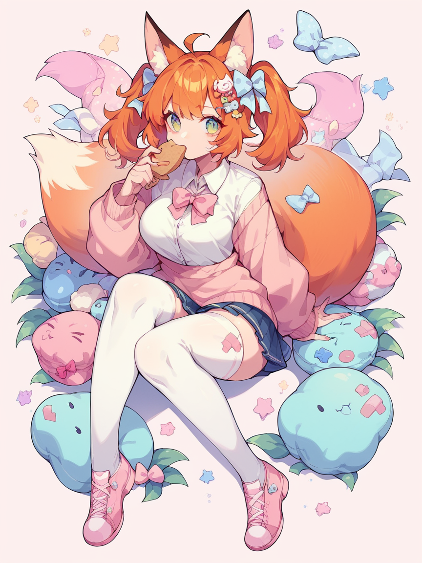 score_9, score_8_up, score_7_up, score_6_up,  <lora:p4st3lg0r3XLP:1> p4st3lg0r3, 1girl, pastel, fox ears, bandaid, hair ornament, full body, large breasts, curvy, ginger hair,  bow, jewelry, thighhighs, food