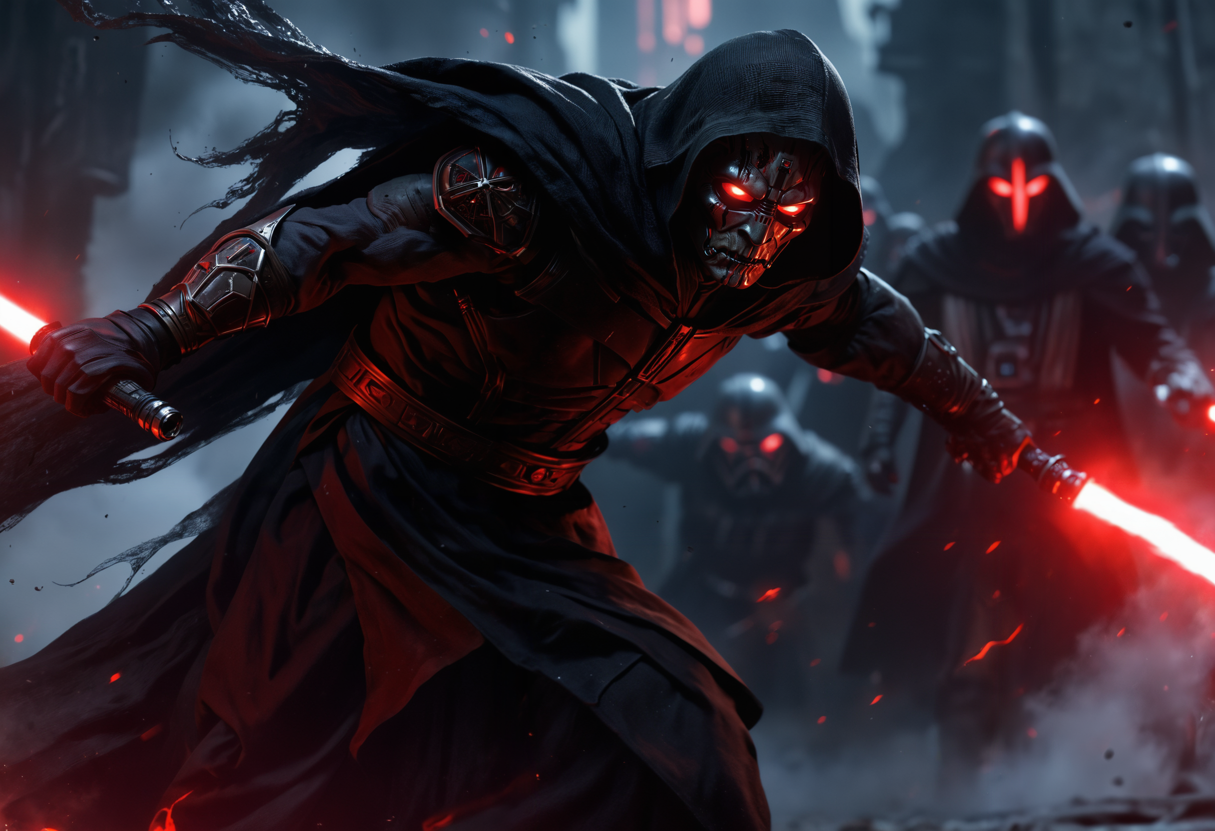 highly detailed and hyper realistic, hyper realistic and highly detailed, ultra intricate details, highly dynamic low angle cinematic close up shot, Darth Malgus, the famous Sith lord with evil glowing red eyes and wearing a Sith inquisitor mouth piece, dressed in onyx black floating robes and holding a red lightsaber. Wearing a wide hood. Dynamic menacing pose, from a low angle camera view. Extremely dangerous and menacing, dark color palette, atmospheric haze, motion blur, depth of field, cinematic, in the style of Star Wars
<lora:xl_more_art-full_v1:0.5> <lora:add-detail-xl:1>