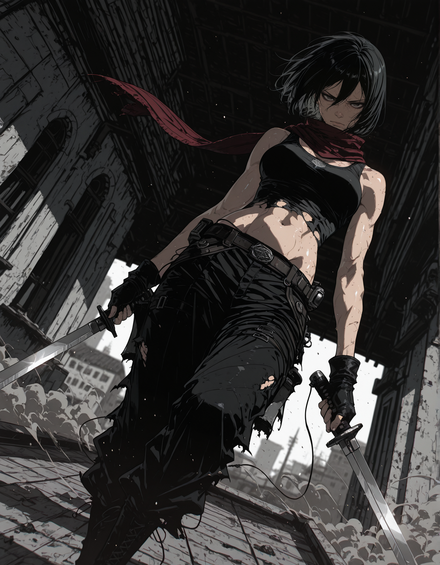 masterpiece, best quality,high quality, newest, highres,8K,HDR,absurdres, 1girl, mikasa ackerman, tank top, baggy pants, fingerless gloves, navel, pants, holding swords, on a building roof,, sweaty, shiny skin, limited palette, intense expression, dynamic pose, dramatic lighting, strong depth of field, wind-blown hair, torn fabric, gritty realism, cinematic shot, dutch angle, foreshortening, blurred background, dust particles., detailed background, dynamic pose, dynamic composition,dutch angle, detailed backgroud,foreshortening,blurry edges, <lora:iLLMythSmo0thL1nes:1> Smo0thL1nes