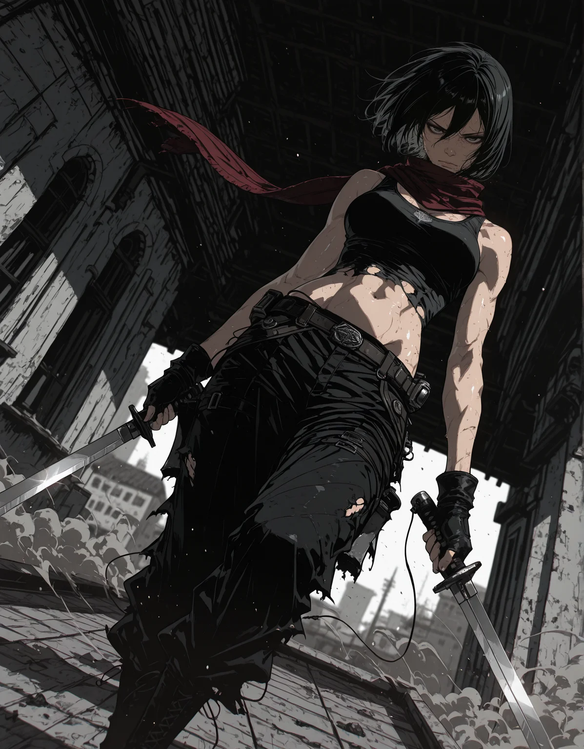 masterpiece, best quality,high quality, newest, highres,8K,HDR,absurdres, 1girl, mikasa ackerman, tank top, baggy pants, fingerless gloves, navel, pants, holding swords, on a building roof,, sweaty, shiny skin, limited palette, intense expression, dynamic pose, dramatic lighting, strong depth of field, wind-blown hair, torn fabric, gritty realism, cinematic shot, dutch angle, foreshortening, blurred background, dust particles., detailed background, dynamic pose, dynamic composition,dutch angle, detailed backgroud,foreshortening,blurry edges, <lora:iLLMythSmo0thL1nes:1> Smo0thL1nes