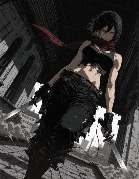 masterpiece, best quality,high quality, newest, highres,8K,HDR,absurdres, 1girl, mikasa ackerman, tank top, baggy pants, fingerless gloves, navel, pants, holding swords, on a building roof,, sweaty, shiny skin, limited palette, intense expression, dynamic pose, dramatic lighting, strong depth of field, wind-blown hair, torn fabric, gritty realism, cinematic shot, dutch angle, foreshortening, blurred background, dust particles., detailed background, dynamic pose, dynamic composition,dutch angle, detailed backgroud,foreshortening,blurry edges, <lora:iLLMythSmo0thL1nes:1> Smo0thL1nes
