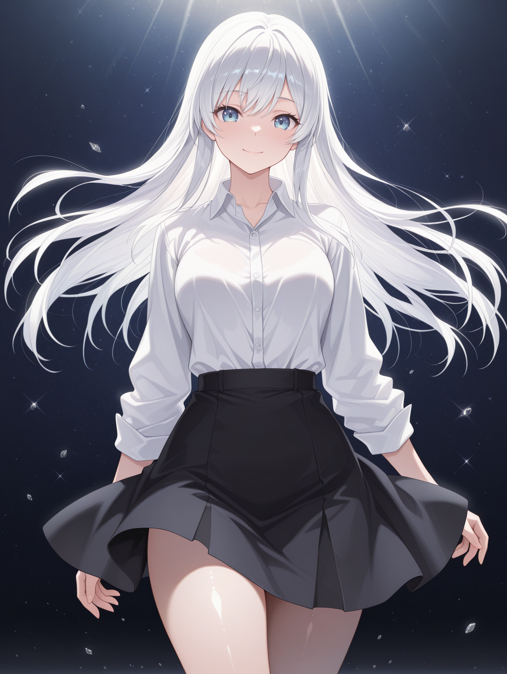 edelweiss,solo,1girl,floating hair,smile,looking at viewer,standing,white dress shirt,closed mouth,black skirt,cowboy shot,shiny,shiny hair,white hair,
masterpiece,best quality,amazing quality,very aesthetic,absurdres,newest,<lora:Edelweiss illuXL v1:0.75>,