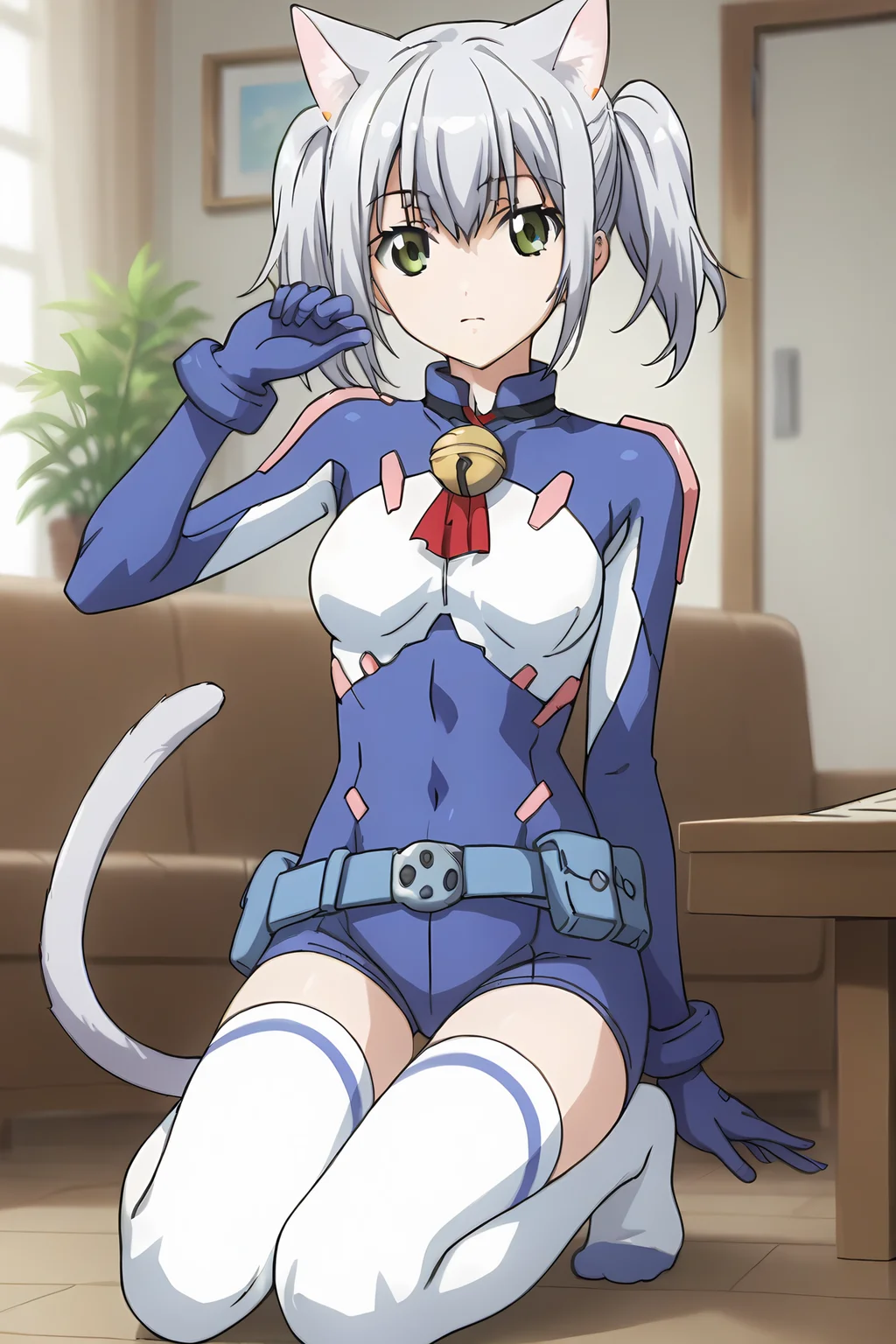 (blue bodysuit belt gloves white thighhighs:1.50), cpc-chaika, short hair, short twintails, bangs, sidelocks, grey hair, hair between eyes, green eyes, cat ears, cat tail, neck bell,
1girl, solo, skinny, (source_anime, score_9, score_8_up, score_8, score_7_up), score_7, score_6_up, score_6, score_5_up, score_5,
(:1.10),
(indoors:1.10),
(full body:1.20), (:1.20),
medium breasts
<lora:cpc-chaika-V01:0.80>