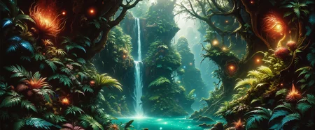 highly detailed mystical realism oil painting in the style of johan christian dahl and maurice sapiro, ancient, dark jungle brimming with life, an enchanted forest hidden deep in mystery, in the foreground, large, otherworldly plants with vibrant, exotic leaves and gorgeous mind-bending flowers edge a glowing azure pool, lush layers of vegetation framing the waterfallâs base, dark shadows fill the corners, the center scene features a narrow, bioluminescent waterfall cascading down a rugged, multi-tiered cliff, its gentle glow casting a faint blue-green light, thick, emerald moss covers the cliff, hinting at untold ages, in the background, the dense foliage extends into the shadows, punctuated by faint glows from hidden recesses, suggesting unseen life, a medium-wide shot with slight overhead perspective, capturing the waterfall, pool, and dense jungle foliage in a balanced, layered composition, dynamic chiaroscuro lighting, with warm dappled light filtering through the thick jungle canopy, soft, ethereal glow around the waterfall and pool, faint reflections off the vibrant plants, intricate textures and shadow detail, soft interplay between deep green shadows and luminous highlights, painting-quality detail, realistic contrasts, and rich color gradations, legendary and aberrant scenery, in the style of ck-ovf, <lora:faetastic_details-flux-by_faeia:0.96> <lora:style-oneviolentfantasy-ep21-flux-by_chronoknight:0.88>