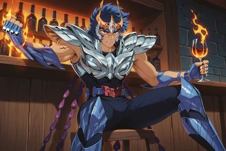 masterpiece, best quality, amazing quality, IKKIV2IL, 1boy, male focus, circlet, blue hair, wavy hair, blue eyes, scar on face, toned male, silver breastplate, silver pauldrons,  fingerless gloves, blue vambraces, sleeveless, belt, belt buckle, dark blue bodysuit, purple tail feathers, purple phoenix tail feathers, blue greaves, winged armguard, sitting, holding flaming wine glass, angry, sitting, indoors, dark seedy bar,