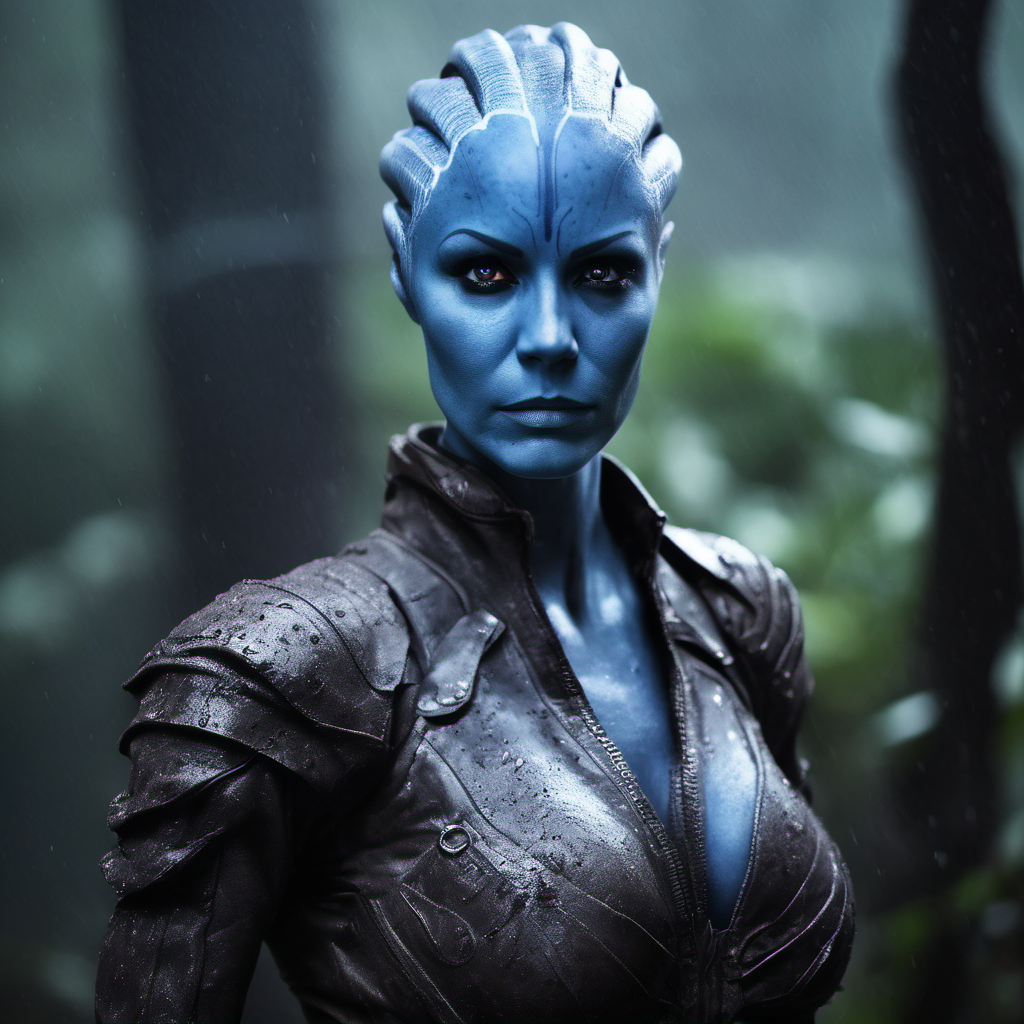 raw photo of a angry Asari wearing dirty leather armor in the jungle in heavy rain, smugged face, dirt encrusted armor, gloomy, realistic <lora:asari-sdxl-test:0.8>