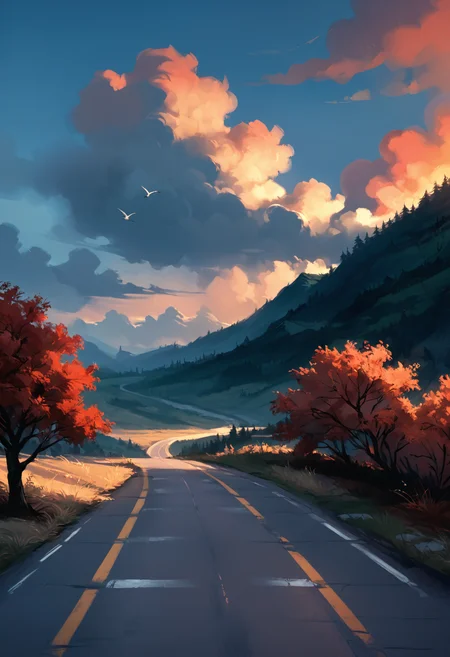 score_9, score_8_up, score_7_up, score_6_up, score_5_up, score_4_up,
<lora:Ratatatat74PonyXLv2:1> r4tr4t,
1girl, tree, solo, sitting, long hair, cloud, outdoors, scenery, bird, sky, road, sunset