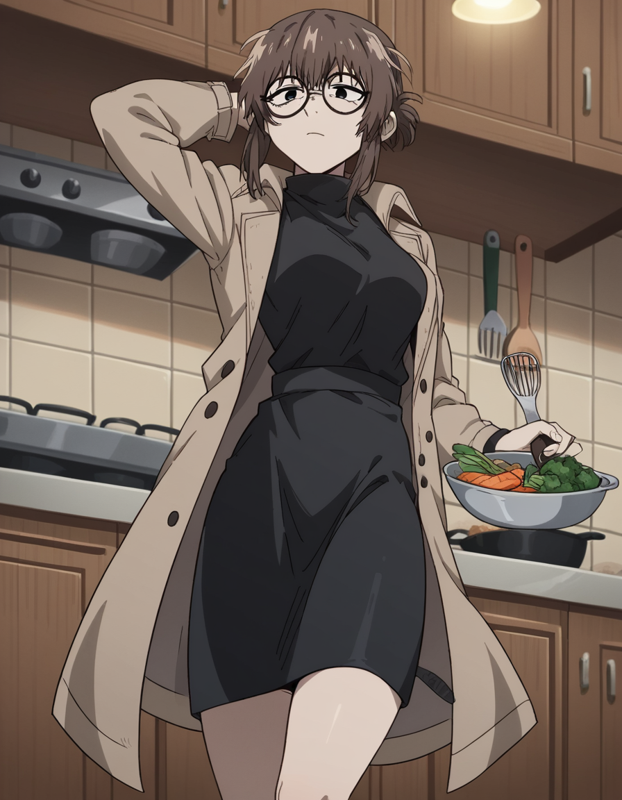 score_9, score_8_up, score_7_up, source_anime, <lora:anko-uguisu-s1-ponyxl-lora-nochekaiser:1>, anko uguisu, short hair, brown hair, glasses, black eyes,, dress, black dress, coat, turtleneck,, kitchen, cooking, apron, cutting vegetables, home cooking, , , foot forward, hand behind head, elbow down, solo,, cowboy shot, dutch angle