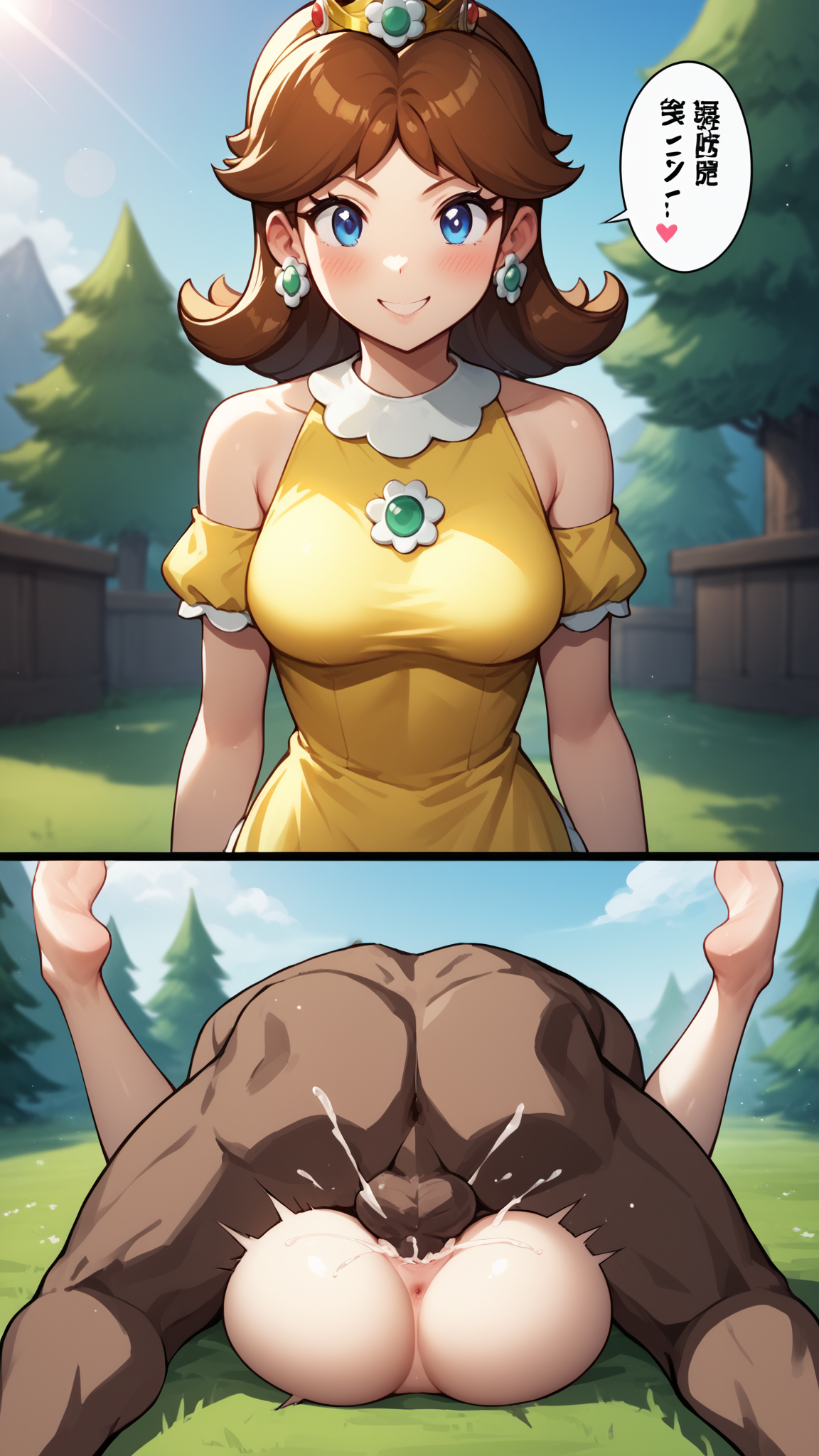 score_9, score_8_up, score_7_up, source_anime BREAK 1girl, ((solo)), princess daisy, brown hair, cowboy shot, blue eyes, dress, frills, looking at viewer, blush, smile, standing, medium breasts, perky breasts, (2koma), instant loss, pov, before and after, pov before and after, <lora:POV_before_and_after__instant_loss:1>, netorare, unseen male face, dark-skinned male, outdoors, bedroom, hetero, nude, completely naked, mating press, sex, penetration, ass, bare 
 shoulders, speech bubble, rating_questionable