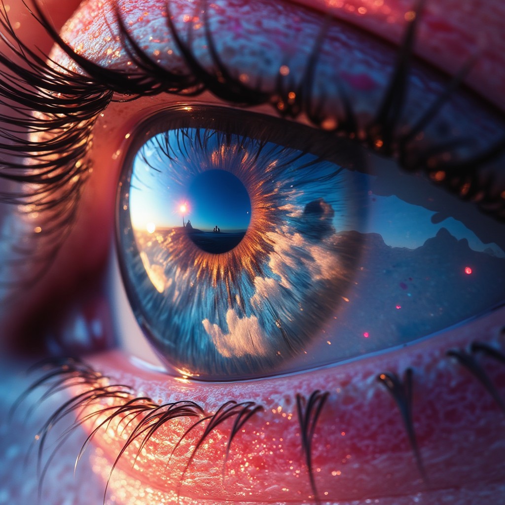 (masterpiece:1.1), (highest quality:1.1), (HDR), an ultra-detailed image of a close-up eye reflecting the stratosphere and horizon in a very vivid and clear manner. Colorful and expressive with translucent, transparent, and opaque detail. The eye is colorful and full of gradient hues. The reflection is a soft vivid image of the scenic view inside of the eye. Recursive droste effect.
