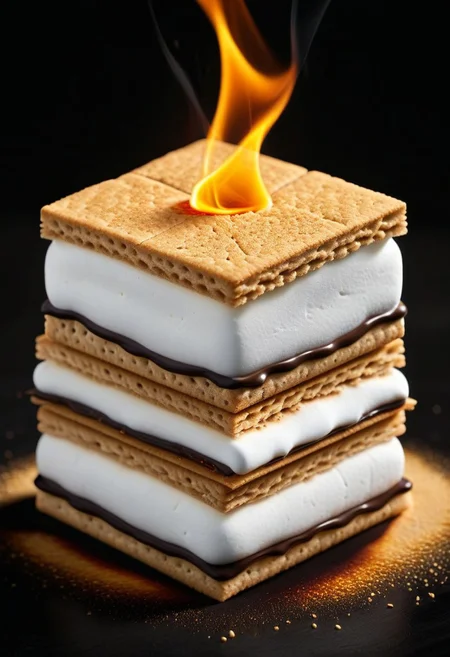 high quality, high resolution, extremely detailed, HavvoricFireDarkstyle marshmallow on graham cracker,