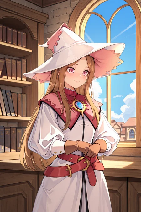 masterpiece, very aesthetic, absurdres, best quality, amazing quality, high resolution, <lora:illustrious_quality_modifiers_masterpieces_v1:0.8> , <lora:ChamIllustriousBackgroundEnhancer:0.5>,  solo,  <lora:RosaryIL:0.8> , RosaDef, brown hair, long hair, pink eyes, white witch hat, white dress, red belt, juliet sleeves, gloves,  interior, office, cowboy shot, smile, medieval fantasy, manhwa style, window, blue sky, clouds, bookshelves