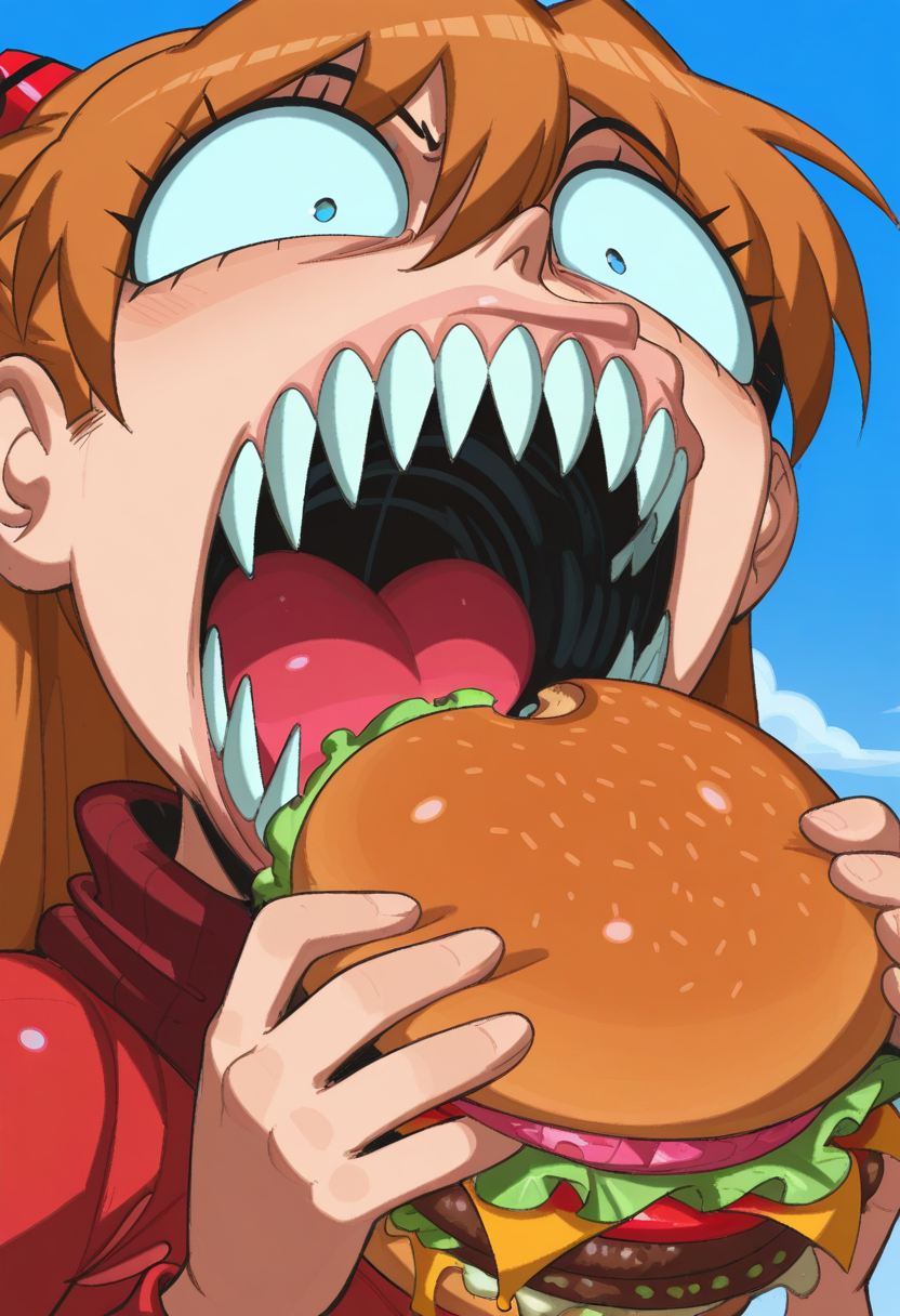 j0j0, masterpiece, best quality, solo,   asuka langley, ginger hair, red uniform,  suprised,  blue sky, holding burger, mouth wide open, giant teeth, weird, wide eyes,