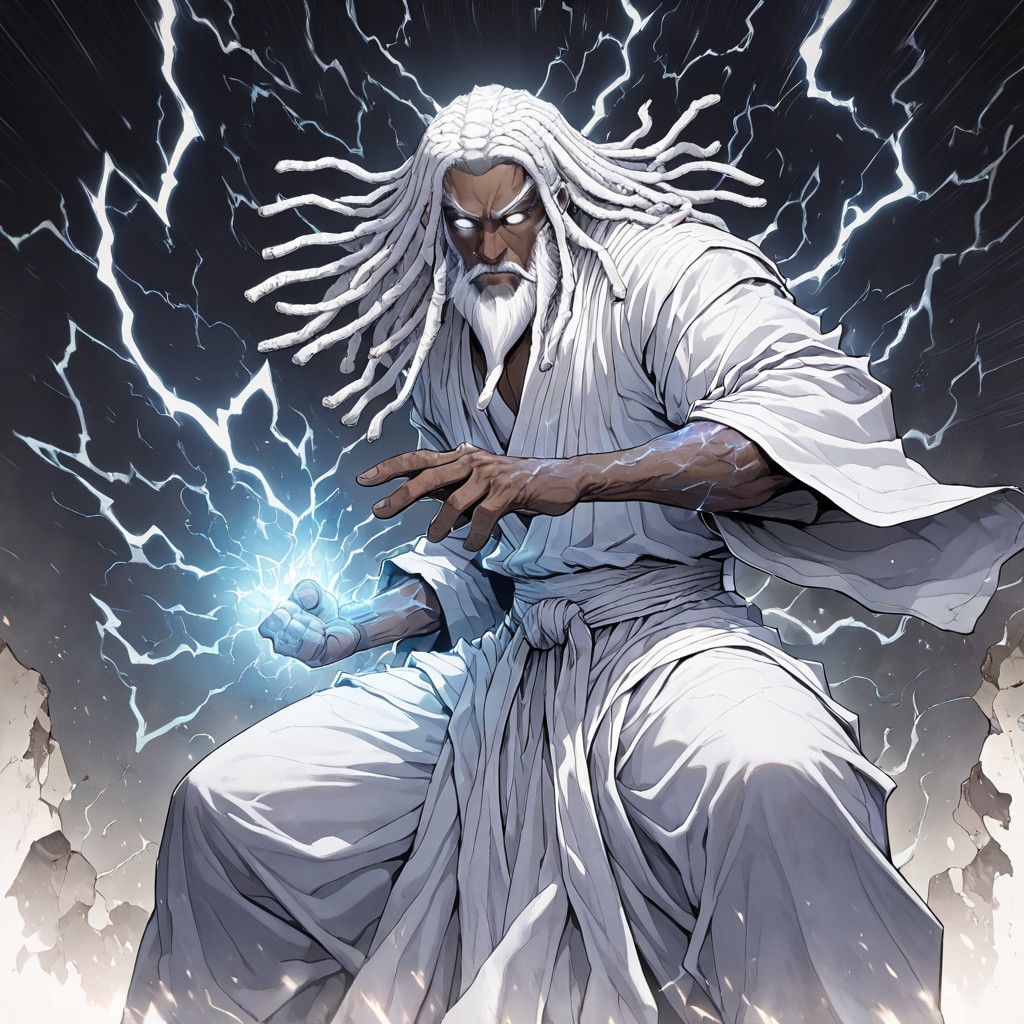 masterpiece, best quality, newest, absurdres, highres, INCV1.0
1boy, dark skin, dark-skinned male, dredlocks, white dreadlocks, african, african male, beard, blind eyes, empy eyes, white eyes, glowing eyes, monk, white robe, dynamic pose, glowing veins, thunder, lightning, magic, lightning magic, combat stance, fighting stance,