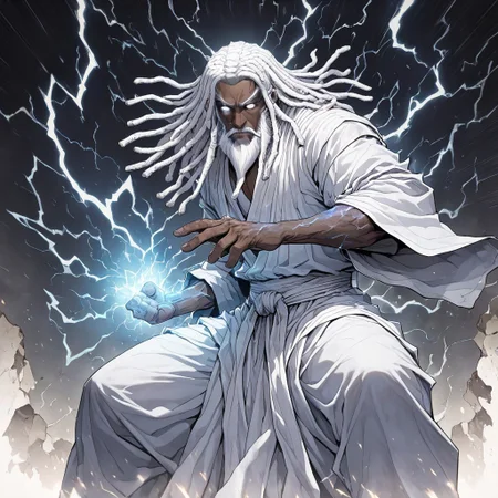 masterpiece, best quality, newest, absurdres, highres, INCV1.0
1boy, dark skin, dark-skinned male, dredlocks, white dreadlocks, african, african male, beard, blind eyes, empy eyes, white eyes, glowing eyes, monk, white robe, dynamic pose, glowing veins, thunder, lightning, magic, lightning magic, combat stance, fighting stance,