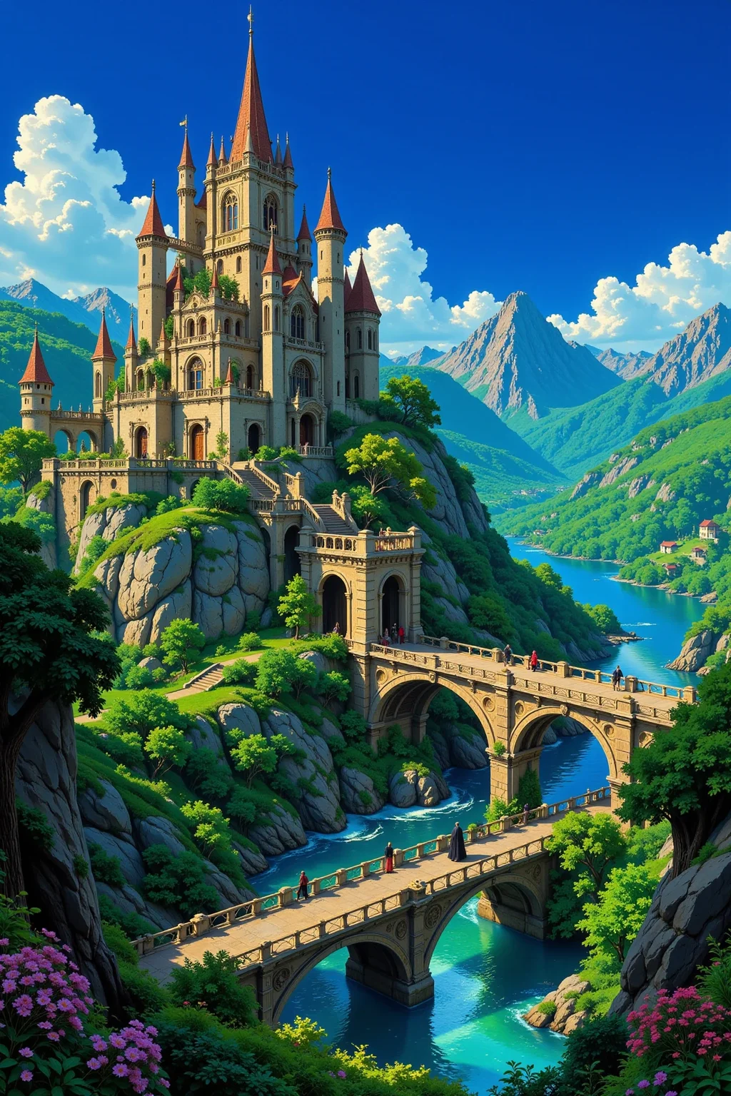 castle bridge beautiful landscape, noon, woman, very intricate, very detailed, sharp, bright, colorful, <lora:Hand v2:0.5> <lora:Anti-Blur:1><lora:Insane Detail Slider:0.25> <lora:flux.1_lora_flyway_Epic-detail_v2:0.3> <lora:fluxenhancer:0.25> <lora:Anime_style:0.6> anime style