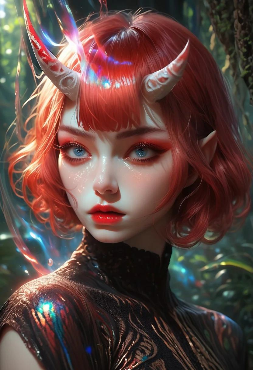 score_9, score_8_up, score_7_up,(digital art,best quality,beautiful detailed face), realistic,
,1 beautiful girl,Thin face,Pale white skin, blue eyes (red eyeshadow),Short red hair(bangs), Oni horns, red lips,black dress,Short pleated skirt,Elbow gloves,(Red Magic aura:1.2),jungle