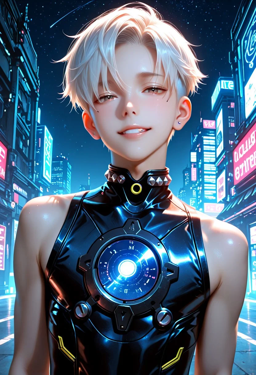 high_quality, high_resolution, detailed_glaze, detail, masterpiece, best_quality, absurd_resolution, 8k, HDR, source_anime, rating_safe, realistic, young man, 1boy, male focus, slim body, rustic, celestial, night time, parted bangs, city, modern attires, white undercut hair, cyberpunk, naughty face, studded, <lora:Expressive_H:0.5> Expressiveh <lora:m03b1us:0.3> m03b1us <lora:kl1mtXLP:0.3> <lora:ph4nt0m01lXLP:0.5> ph4nt0m01l