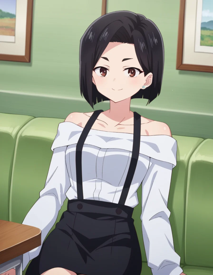 score_9, score_8_up, score_7_up, source_anime,
sanaeyamada, <lora:sanae-yamada-s2-ponyxl-lora-nochekaiser:1>,
sanae yamada, short hair, black hair, brown eyes,
skirt, shirt, long sleeves, bare shoulders, jewelry, collarbone, white shirt, earrings, black skirt, off shoulder, suspenders, off-shoulder shirt, suspender skirt,
indoors, table, couch, sitting, smile,
looking at viewer, cowboy shot, dutch angle, solo,