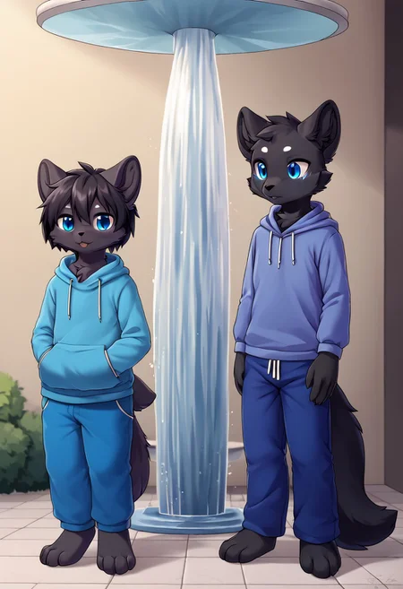 furry, anthro, fursona, anthropomorphic,  fully clothed, sweatshirt, baggy blue pants, (background is modern fountain), 1boy, polygonal style, fallkick(blue eyes, black fur)