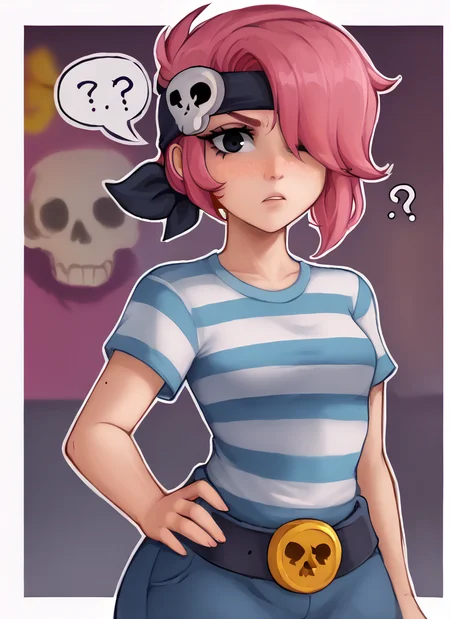 bspenny ,1girl , pink hair , short hair, black eye , bandana, one eye covered , skull ,hairband , striped shirt, belt, looking at viewer ,confused, <lora:bspenny:0.9> <lora:Kittew-4RCH0N:1>4RCH0N