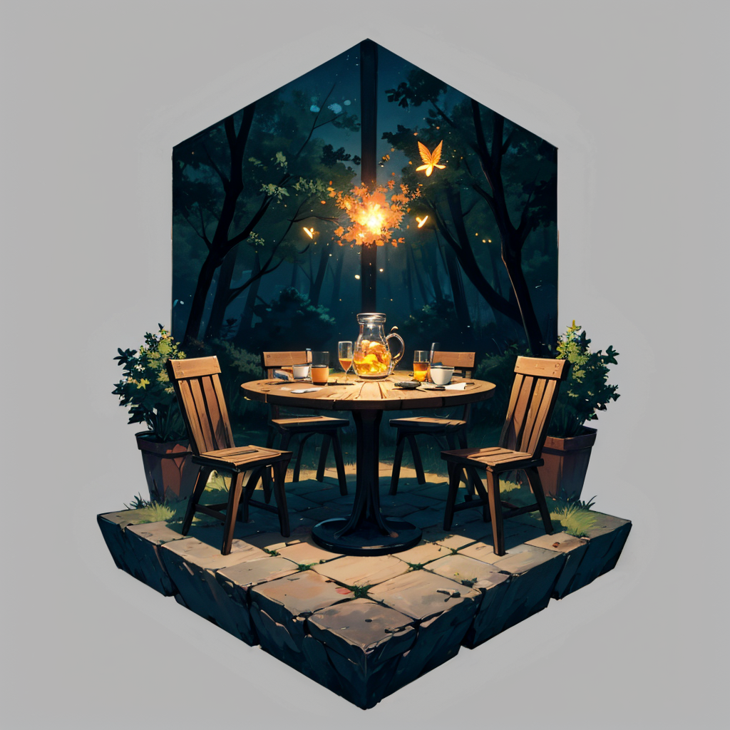 otherworldly, hexagonal composition, glass jar, wooden table, fireflies, night, outdoors, simple background  <lora:hexagon_composition_03:0.6>