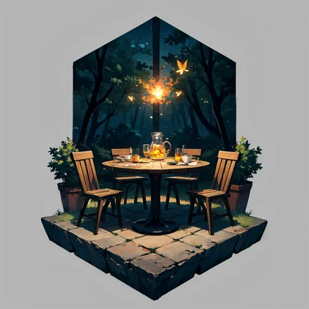 otherworldly, hexagonal composition, glass jar, wooden table, fireflies, night, outdoors, simple background <lora:hexagon_composition_03:0.6>