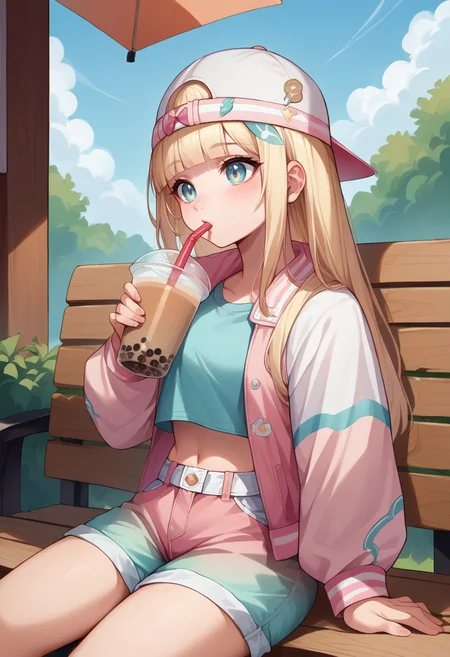 score_9, score_8_up, source_anime, IrohaCasual, long hair, blunt bangs, baseball cap, backwards hat, pastel colors, pink jacket, crop top, belt, gradient shorts, outdoors, sitting, on bench, drinking, sipping, straw, bubble tea, <lora:CHAR-KazamaIrohaPonyXL:1>