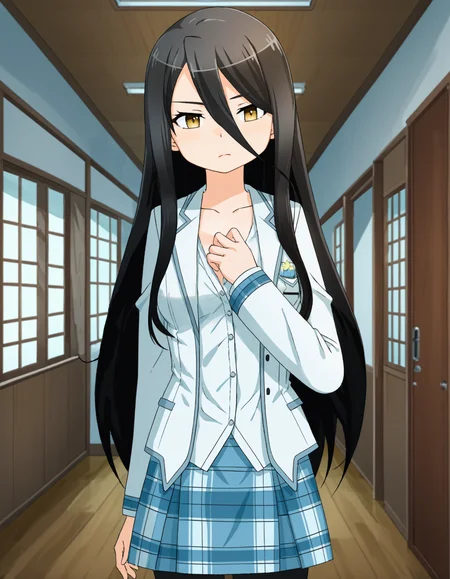 score_9, score_8_up, source_anime, 1girl, upper body, medium shot, detailed, pmmmrizhawkwood, rizpbc, black hair, long hair, yellow eyes, white blouse, white open blazer, blue plaid skirt, hand on chest, indoors, corridor, (side view:0.6), <lora:pmmmrizhawkwood_XL:1>
