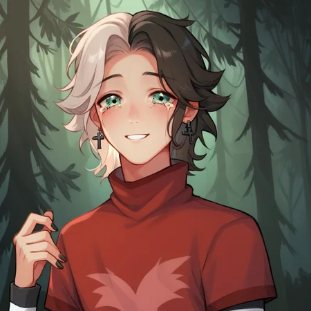 ((Forest background)),score_9, score_8_up, score_7_up,score_6_up, male, watergreen eyes, two tone hair, half-white-half-brown hair, wolfcut-styled hair, small pointed nose, Grey-colored crucifix earrings, pale skin, shoulder-length hair, layered hair, wolf cut, two-tone hair, red short-sleeved turtleneck, black and white striped long-sleeves, navy trousers, black belt, layered sleeves, layered sleeves, cross earrings, two-tone hair, pink angel silhouette on shirt, layered hair, perfect hands, detailed eyes, perfect eyes, black very short nails, biotten nails, warm smile, forest background, sad, crying
