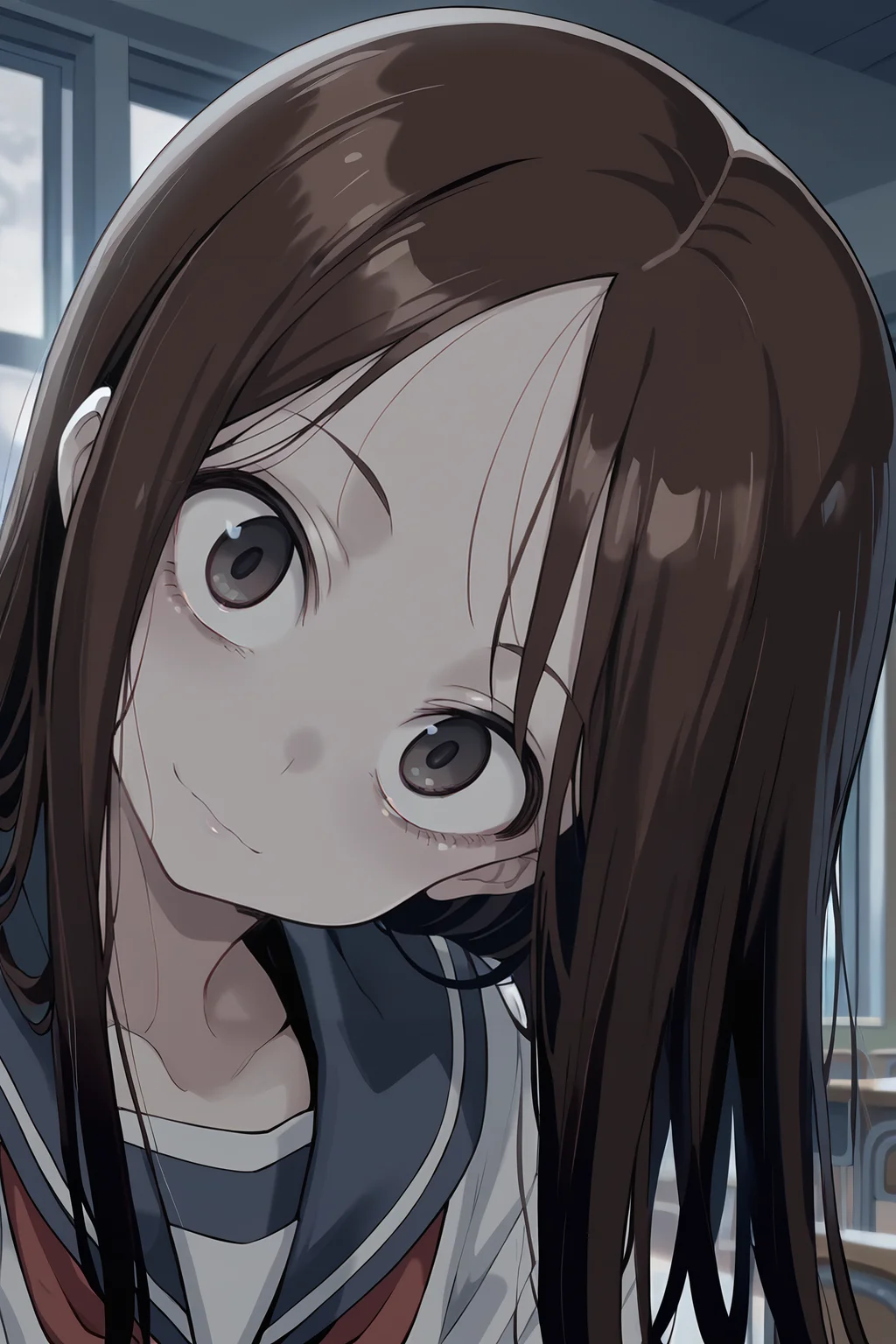 score_9,score_8_up,score_7_up,source_anime,very aesthetic,anime screencap,anime coloring,upper_body,1girl,<lora:takagi-san_v1.0:0.9>,takagi-san,long hair,<lora:CreepyHeadTilt:3>,school_uniform,serafuku,white_shirt,red_neckerchief,night classroom,