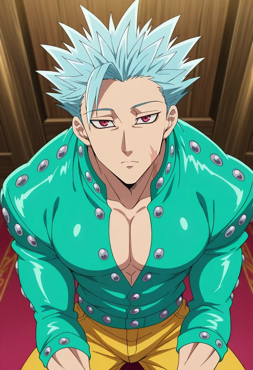 masterpiece, best quality, , anime screencap, anime coloring, official style, looking at viewer, 1boy, solo, male focus, <lora:ban_nanatsu_no_taizai_ilxl:0.98>, ban_nanatsu_no_taizai, blue hair, red eyes, spiked hair, scar, , , Corduroy Damask Khaki pants, Emerald Quatrefoil Denim jacket, Espadrilles, , Snorkel and