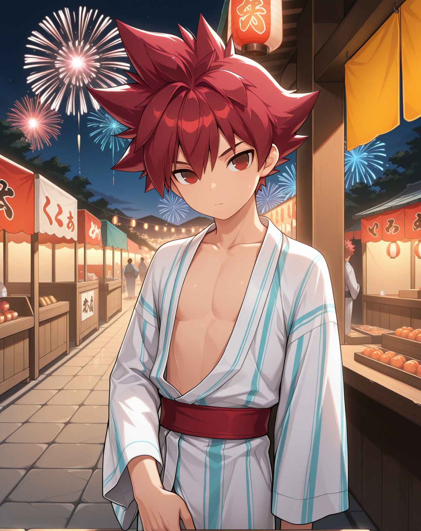 masterpiece,best quality,amazing quality, newest, very aesthetic, absurdres,
1boy, solo, yaoi, male focus, looking at viewer, cowboy shot,
<lora:Elsword_Base_ilxl:1> elswordbase, red eyes, spiked hair, red hair,
yukata, open clothes,
outdoors, festival, night, fireworks, stone floor,