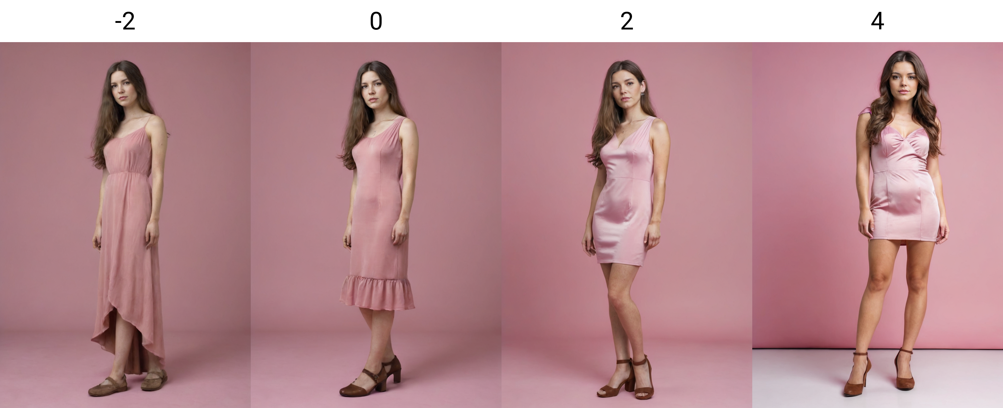 <lora:Skirt Length - SDXL_alpha1.0_rank4_noxattn_last:-2>, woman, standing, looking at viewer, (((full body shot))), pink dress, brown long hair,