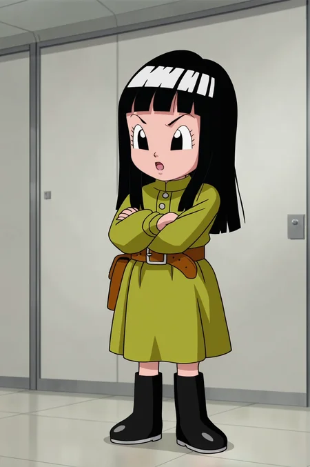 source_anime, score_9, score_8_up, score_7_up, anime screencap, absurdres,
mai \(dragon ball\), chibi, official style, 1girl, solo, bangs, long hair, black eyes, eyelashes, open mouth, black hair, green dress, long sleeves, belt, holster, boots, black footwear, crossed arms, full body, standing, indoors,
<lora:ohmai_pony_v1:0.8>
