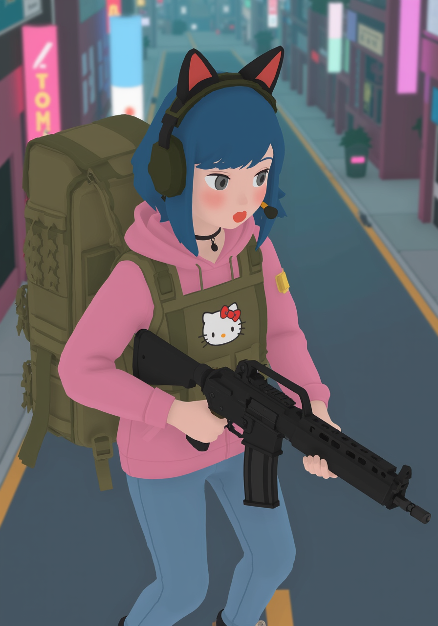 overhead perspective g00se art with smooth textureless style with muted pastel palette of, young woman holding black tactical assault rifle, wearing tan military bulletproof vest with tactical pouches with hello kitty patch over pink hoodie with rolled up sleeves, high top sneakers, skinny jeans, wearing a tactical military headset with novelty cat ears, choker, large tactical backpack, empty neon cyberpunk city at night, blue choppy layered hair with long bangs, her hands are not deformed, the assault rifle is not deformed<lora:g00se.safetensors:1.0:1.0>