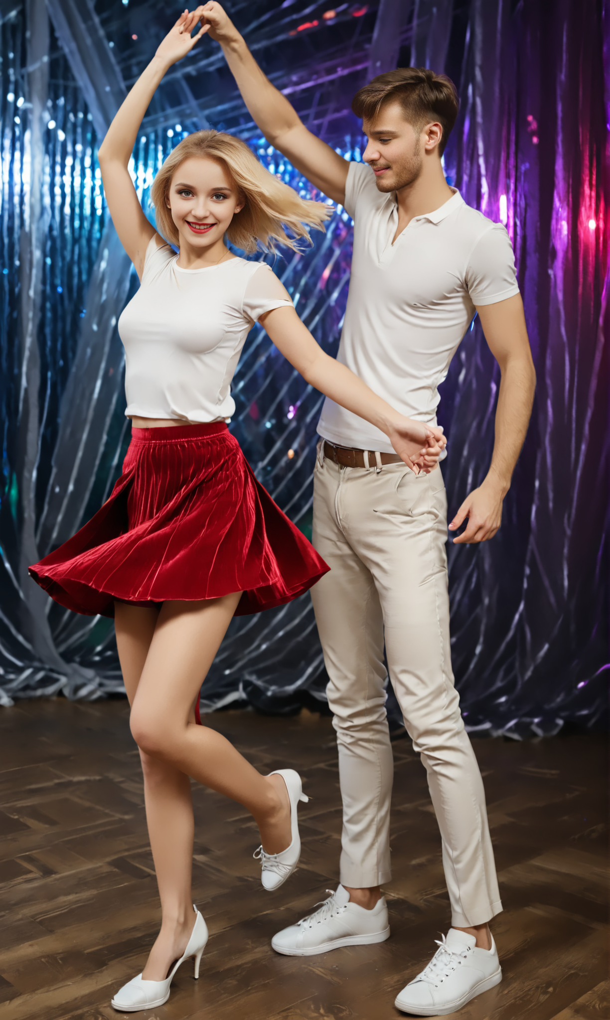 DanWiTu, (slim girl) and a man dancing in disco. The girl wears red skirt and white blouse. The man wears long trousers and shirt. The girl has short blonde hair    <lora:DanceWithTurn:1>
