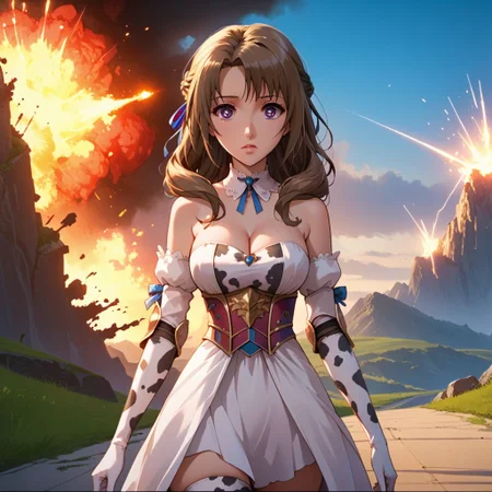 score_9, score_8_up, score_7_up, score_6_up, source_anime, mrls, idemitsu, rating_quiestionable, backlit
1girl, solo, mamako oosuki, mature female, slender, long hair, brown hair, purple eyes, hair ribbon, braid, bright pupils, french braid, white pupils, dress, (cleavage:1.3), bare shoulders, armor, choker, detached collar, windy, (cow_print_elbow_gloves_cow_print:1.4, thigh_highs), facing you, walking, finger to lips, confused,
detailed background, fantasy setting, landscape, ((huge explosion))