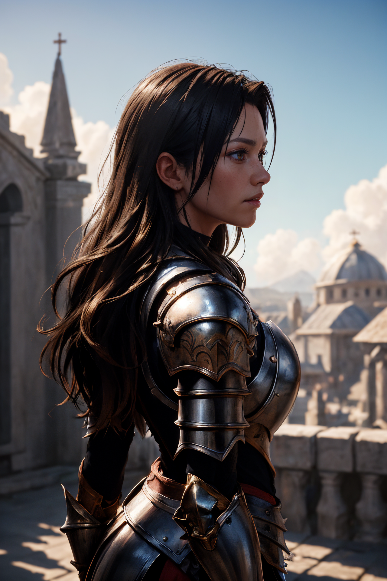 a portrait of a female paladin adorned in holy armor, spiked armor,  standing, intricate background, fantasy, lifelike, from side, 
masterpiece, best quality, intricate detail, high background detail, high contrast,   <lora:emotion_angry_slider_v1:1> raytracing,  <lora:backlight_slider_v10:-1> <lora:contrast_slider_v10:2>,  <lora:skin_slider_v10:0.5>