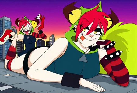 demencia, red hair, green ponytail, striped thighhighs, single striped sock, anklet, green monster hood, yellow eyes, sharp teeth, dark blue hoodie, single striped sleeve, red sneaker, blue sneaker, black skirt, smile, eyeshadow, spiked bracelet, zipper pull tab, torn pantyhose, glove, tongue out, Pov-giantess (macrogts:1.1) (laying on a city (prone) at sunset:1.1), the buildings underneath her body are crushed,