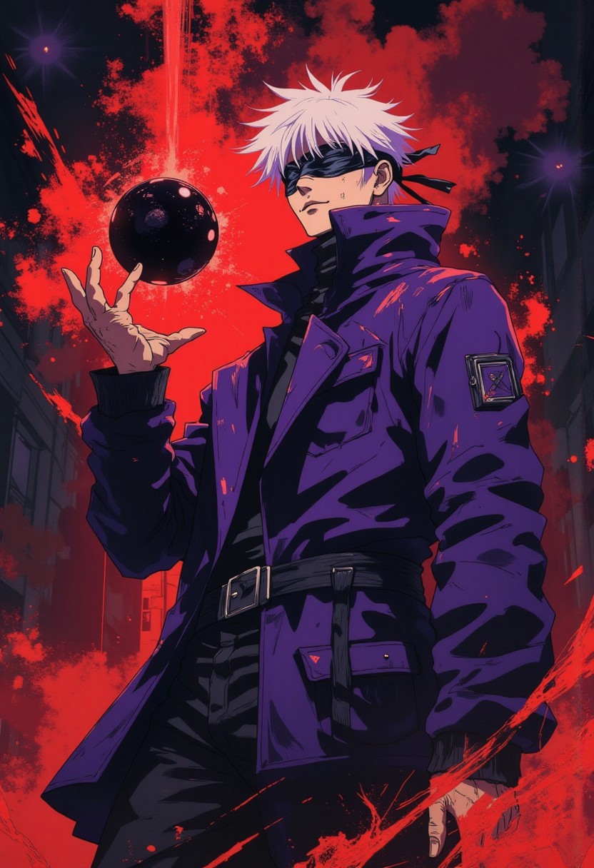 Vector art, 
Rendered in a style redolent of Impressionism, the painting utilizes a vibrant, punctuated by strokes of chrome and red.
famous artwork, masterwork, highly aesthetic, fantasy, uhd, 8k, 4k, epic, dramatic, Jujutsu kaisen manga, 4k quality, (Perfect hand), anime, (masterpiece), (detailed face), detailed at night, dim lighting, 
1male, gojo, young man, solo, pale skin, (black shoes), black blindfold, (covered eyes), shoes, pants, black footwear, purple jacket, high collar jacket, zipped jacket, sparkle, black pants, white hair, messy hair, 
Gojo standing facing the viewer. (His right arm extended to his side). (Open hand). A black ball radiating red cosmic and ethereal energy waves is in his palm. (Masculine), (cowboy-shot) 
The overall mood is surreal and otherworldly, with deep shadows and red aura surrounding him