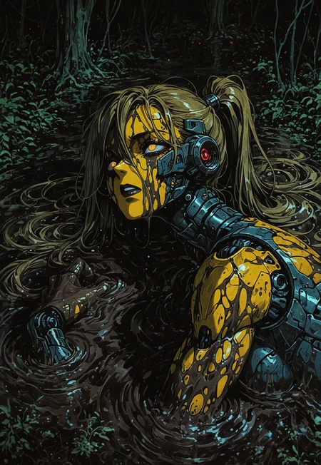 masterpiece, best quality, amazing quality, high resolution, 1girl, solo, robot girl, (yellow body:1.2), muscular, high ponytail, sci-fi landscape, deadly swamp landscape, DRKWB, submerged with only head and one arm visible, stuck in swamp, mud, struggling, side view, panicked, head focus, looking up, high angle