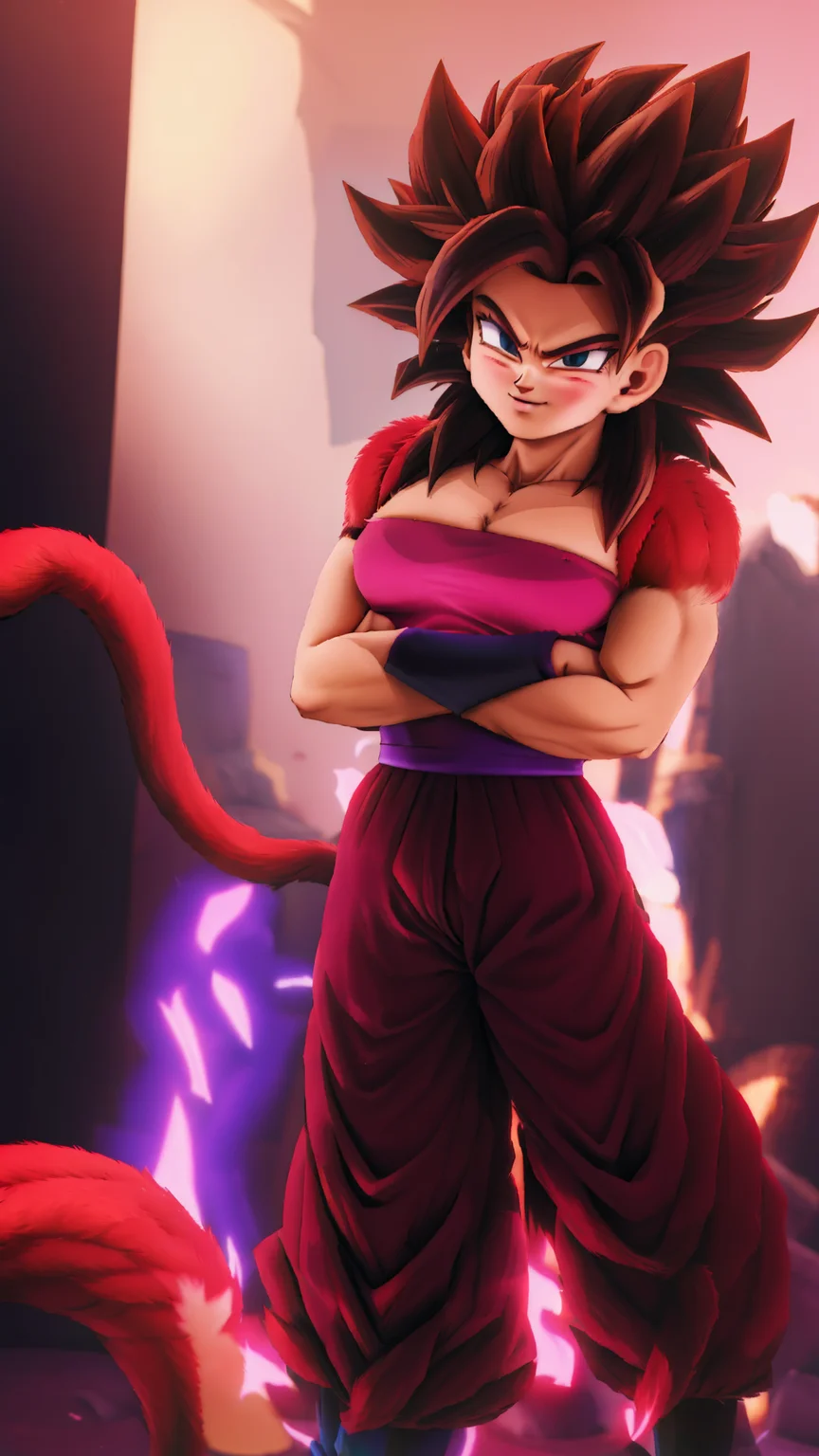 Caulifla, 1girl, (((SSj4, super saiyan 4, black Hair,))), BREAK, (((red fur on arms and chest, ))), (((Tail))), (((red body fur))), BREAK, <lora:Caulifla:1>
pink tube top, strapless, purple baggy pants, grey bracers, grey boots, BREAK, <lora:Primitive Saiyan Woman:0.5> <lora:furry_female:0.5> <lora:Son Goku - Dragon Ball:.7> <lora:dbgt_gogeta:.5>, masterpiece, best quality, hyperrealistic, extremely detailed, highly quality, 4k, sharp focus, professional photograph, sharp focus, award winning, cinematic lighting, octane render, unreal engine, volumetrics dtx, Wallpaper,