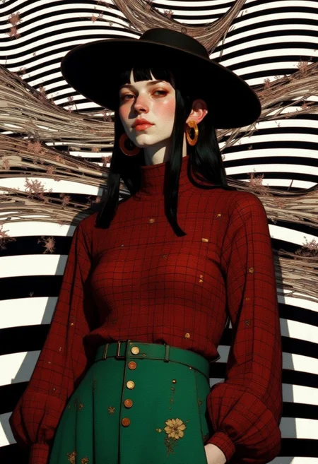 This digital illustration features a South Indian model set against a mesmerizing optical illusion background of black and white horizontal lines that ripple in a wave-like effect, subtly diverging and converging with varying thickness to create depth and movement. The model's straight, glossy black hair flows naturally, with soft, curly bangs framing her face. A small red bindi adorns her forehead, emphasizing her cultural identity. She wears a high-neck turtleneck top with long, voluminous sleeves extending past the wrists, now reimagined in deep maroon with intricate gold accents arranged in a grid-like pattern. The lower half of the outfit features a high-waisted, emerald green skirt with delicate gold embroidery, cinched at the waist with a thin gold belt. The ensemble is accessorized with large gold hoop earrings, which complement the outfit's metallic detailing. Her wide-brimmed black hat remains, casting a dramatic shadow that enhances her enigmatic allure while juxtaposing the vibrant, earthy tones of her attire. The background’s hypnotic black-and-white linear design amplifies the modern yet traditional aesthetic, creating a harmonious blend of cultural richness and contemporary style.