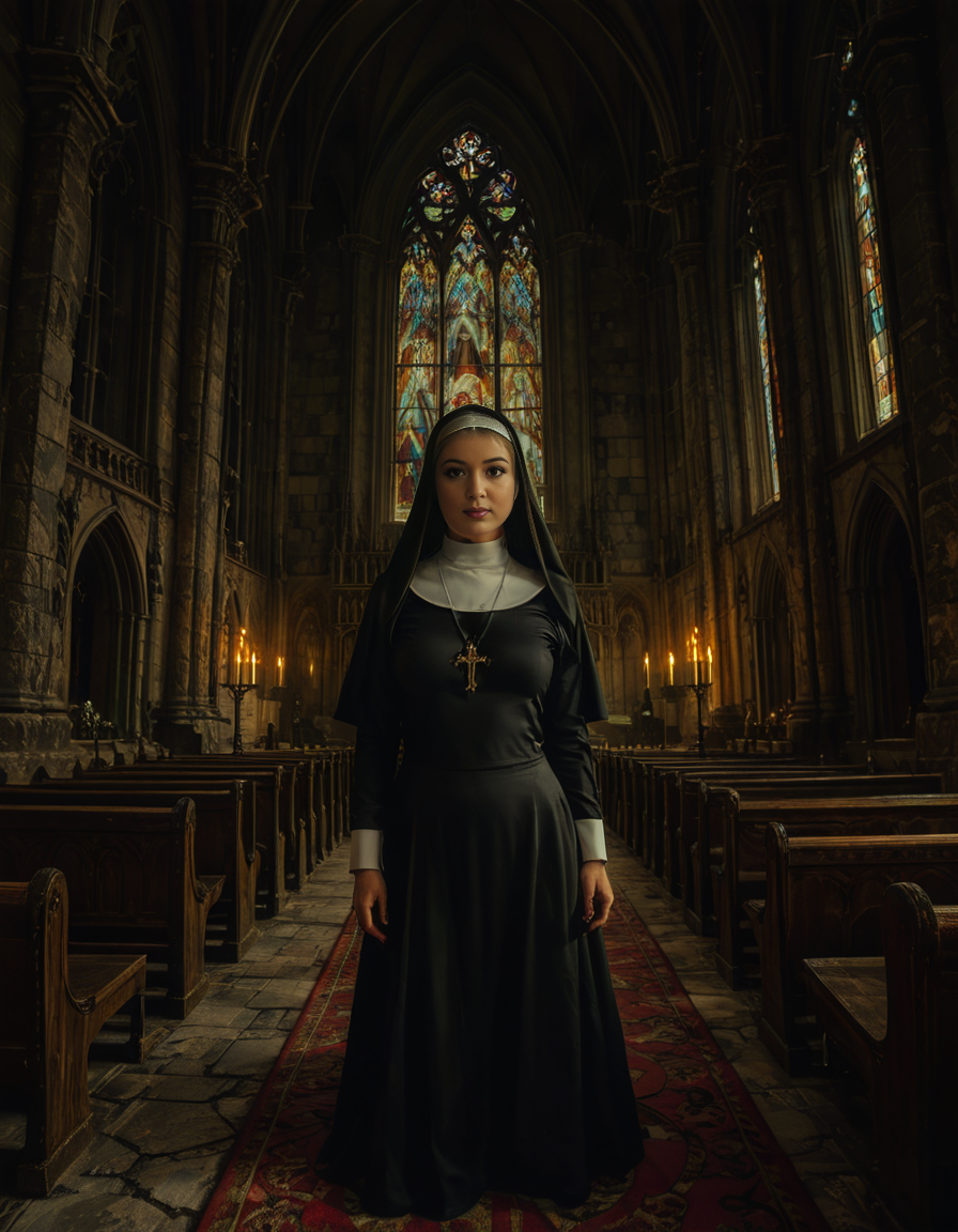 nsfw,focus on a nun,A gothic scene featuring a mysterious woman dressed as a nun in a flowing black latex habit with intricate lace detailing and choker and a red bra, standing solemnly inside of a G0th1c church. The atmosphere is charged with tension as an otherworldly presence seems to loom over the scene, casting eerie red and black shadows on the ancient stone. Other nuns in the background appear uneasy, their movements slow and dreamlike, as if they are being influenced by an unseen dark force. The cathedral's gothic architecture towers above with sharp spires, grotesque gargoyles, and a glowing stained-glass window radiating an unnatural crimson light.<lora:SDXLFaeTastic2400:0.4> <lora:extremely_detailed:0.4> extremely detailed, <lora:G0th1c_church:1>, Masterpiece,best quality,hi res,8k,hi res,8k,award winning,(sharp focus, intricate, highly detailed),