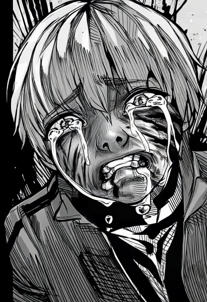 monochrome, greyscale, crying, comic, 1boy, tears, blood, teeth, crying with eyes open, 1girl, short hair, blood on face <lora:odysseasXL_NBVP1_lokr_V6311PZ:0.95>